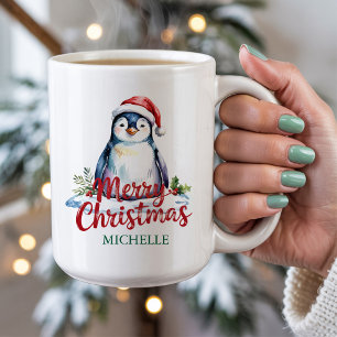 Personalised Penguin in Santa Hat Christmas        Coffee Mug