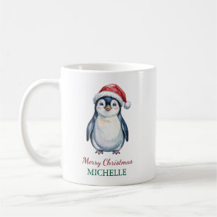 Personalised Penguin in Santa Hat Christmas Coffee Mug