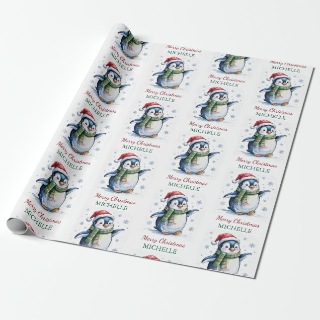 Personalised Penguin in Santa Hat Christmas        Wrapping Paper (Unrolled)