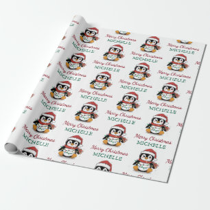 Personalised Penguin in Santa Hat Christmas        Wrapping Paper