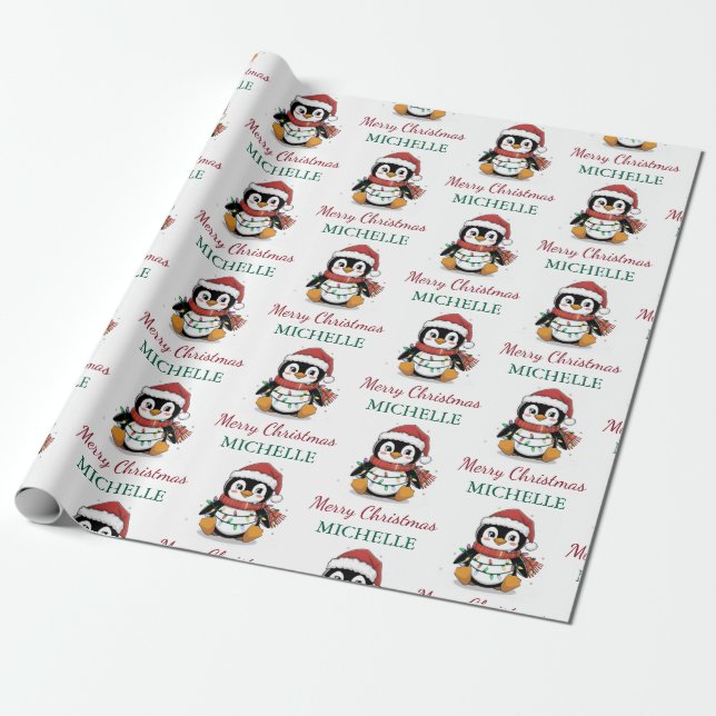 Personalised Penguin in Santa Hat Christmas        Wrapping Paper (Unrolled)