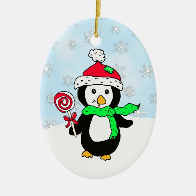Personalised penguin Snowy Day Christmas Ceramic Ornament (Front)