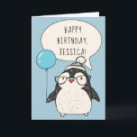 Personalised Penguin with a Blue Balloon Birthday Card<br><div class="desc">Send some personalised birthday greetings with this cute penguin happy birthday card. It features an illustration of cute penguin wearing glasses and holding a blue balloon against a light blue background. Use the template fields to easily create your own personalised message on the front and on the inside of this...</div>