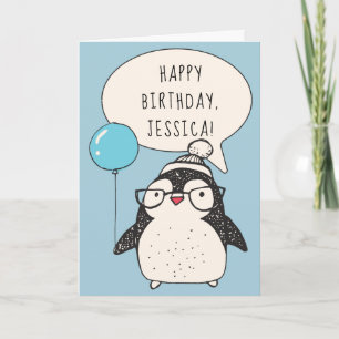 Personalised Penguin with a Blue Balloon Birthday Card