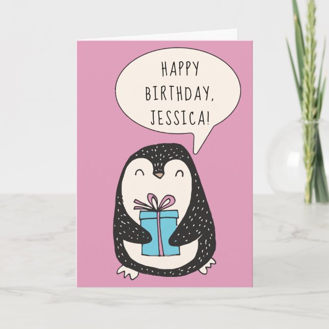 Personalised Penguin with a Wrapped Gift Birthday Card (Front)