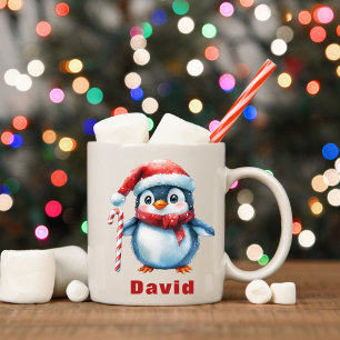 Personalised Penguin with Candy Cane Custom Name Coffee Mug