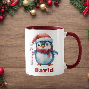 Personalised Penguin with Candy Cane Custom Name Mug