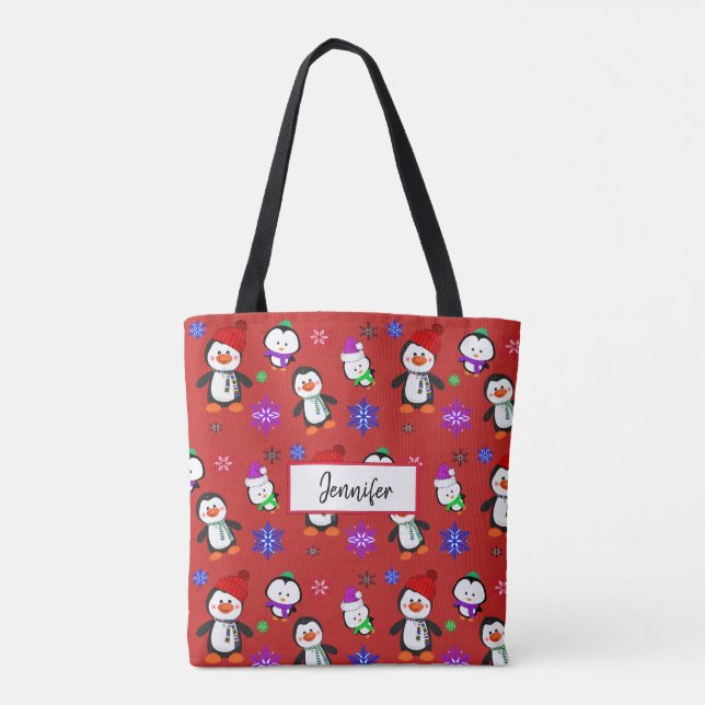 Personalised Penguins and Snowflakes Christmas Tote Bag (Back)