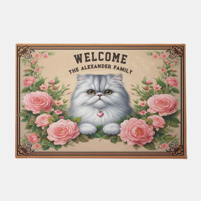 Personalised Persian Cat Stylish Floral Welcome Doormat (Front)