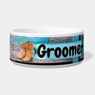 Personalised Pet Bowls Blue Wood Barn Door Boots C
