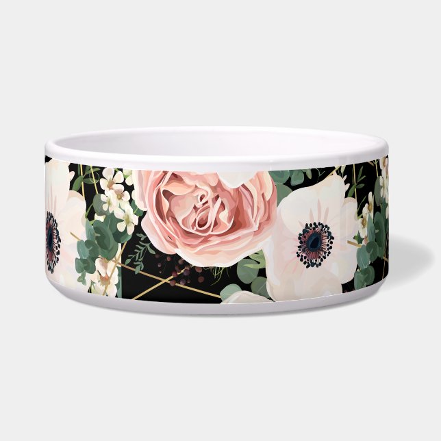 Personalised Pet Bowls Geometric Garden Rose Black (Front)