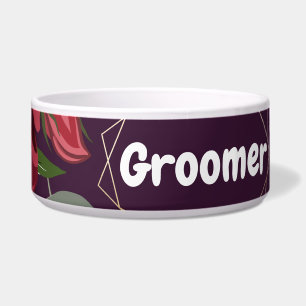Personalised Pet Bowls Plum Purple Roses Gold Geom