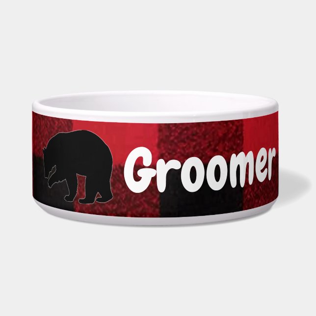 Personalised Pet Bowls Red Buffalo Plaid Bear Blac (Front)
