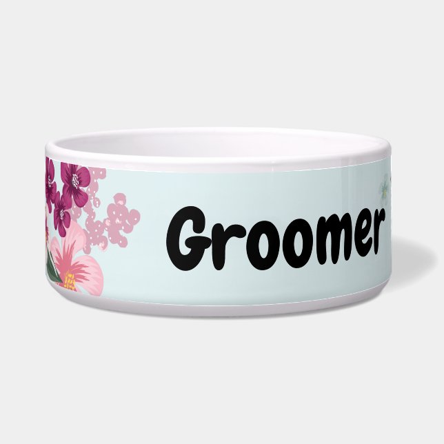 Personalised Pet Bowls Tropical Flower on Blue Omb (Front)