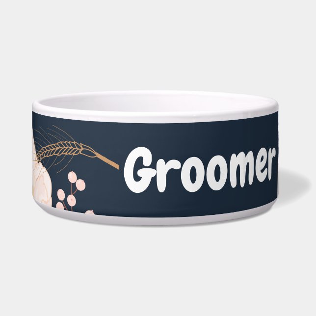 Personalised Pet Bowls White Floral Flowers on Dar (Front)