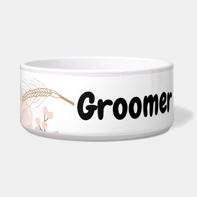 Personalised Pet Bowls White Floral Flowers on Whi (Front)