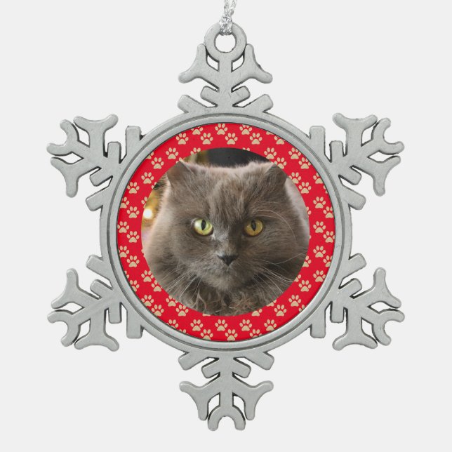 Personalised Pet Cat Dog Christmas Red Gold Snowflake Pewter Christmas Ornament (Front)