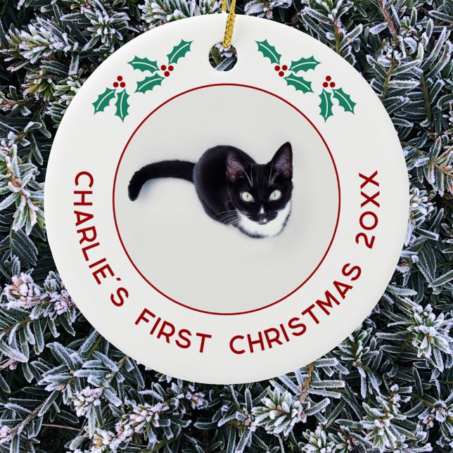 Personalised Pet Cat First Christmas Photo Ceramic Ornament (Personalized cat photo first Christmas ornament)