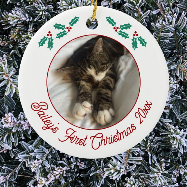Personalised Pet Cat First Christmas Photo Ceramic Ornament (Personalized pet cat photo ornament with custom modern script text)