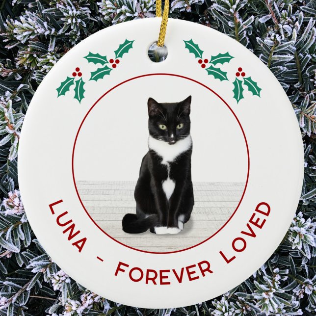 Personalised Pet Cat Memorial Christmas Photo Ceramic Ornament (Personalized name text pet cat memorial photo Christmas ornament)
