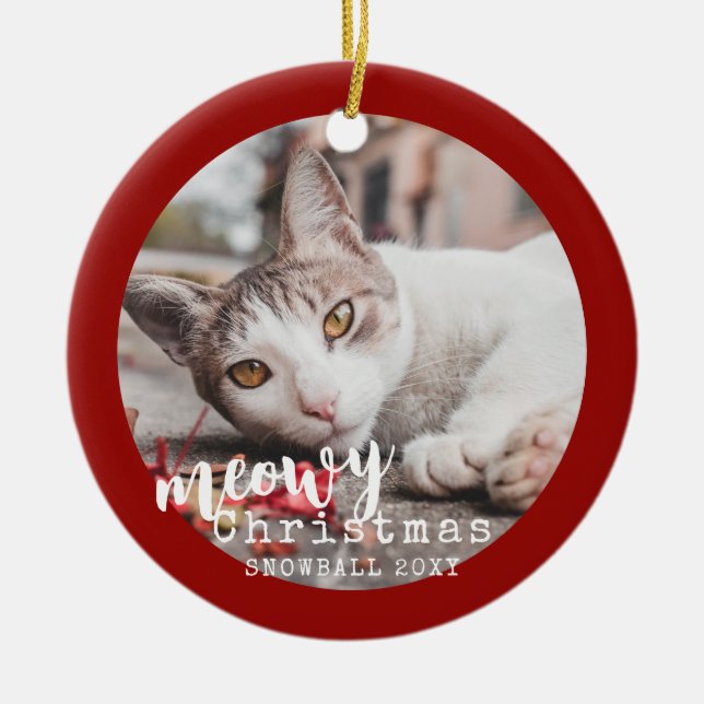 Personalised Pet Cat Photo Meowy Christmas Ceramic Ornament (Front)