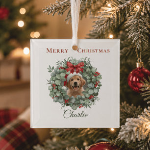 Personalised Pet Christmas with Wreath & Name Glass Tree Decoration