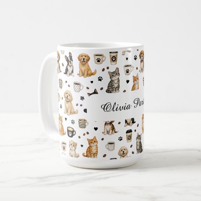 Personalised Pet & Coffee Pattern Custom Name Mug (Front Left)
