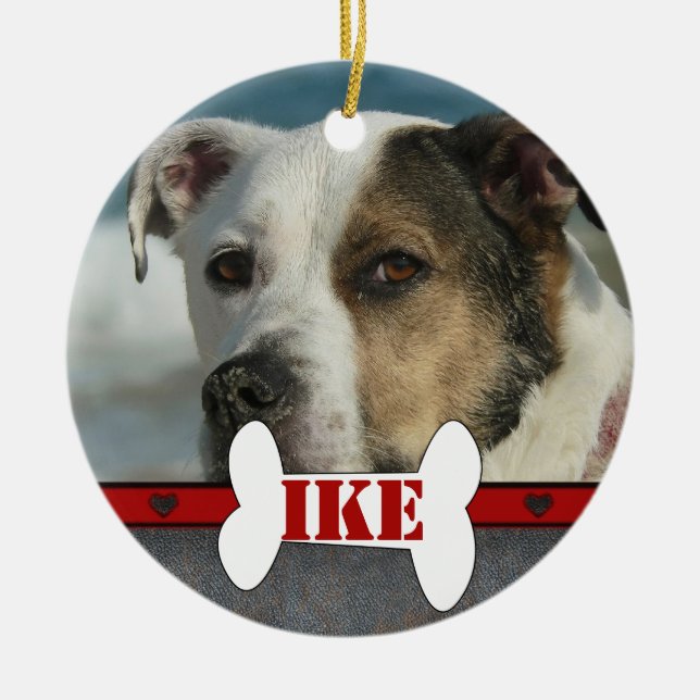 Personalised Pet Dog Bone Photo Frame Christmas Ceramic Ornament (Front)