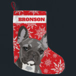 Personalised Pet Dog | French Bulldog Gift Small Christmas Stocking<br><div class="desc">Funny cute christmas holiday stocking for your pet featuring a grey blue french bulldog,  a traditional red background that can be changed to any colour,  and a scattering of winter white snowflakes.</div>