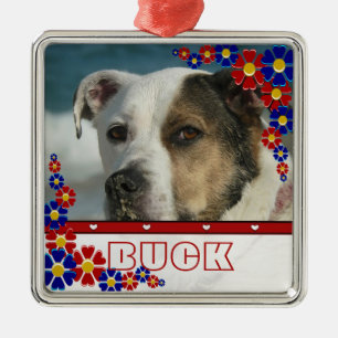 Personalised Pet Dog Photo Frame Daisies Christmas Metal Tree Decoration