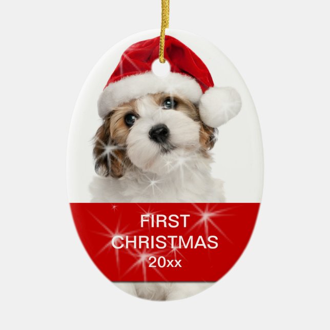 Personalised Pet First Christmas Photo Ceramic Ornament (Front)