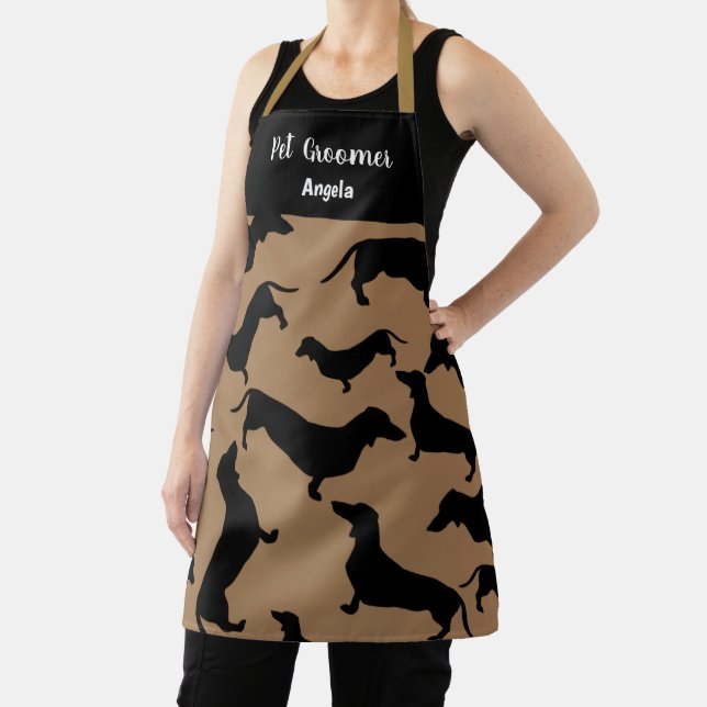 Personalised Pet Groomer Black Gold Dachshund Apron (Insitu)