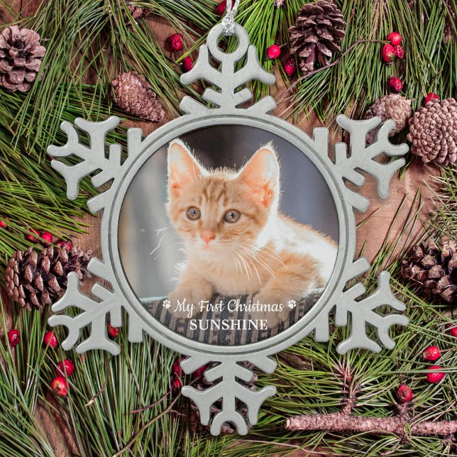 Personalised Pet Kitten Photo Cat First Christmas Snowflake Pewter Christmas Ornament (Creator Uploaded)