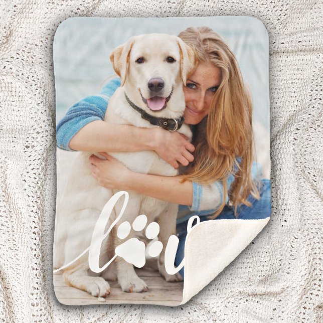 Personalised Pet Lover Love Paw Print Dog Photo Sherpa Blanket (Creator Uploaded)