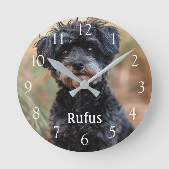 Personalised Pet Name Photo Large White Numbers Round Clock (Front)