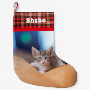 Personalised Pet Name Photo Red Plaid Small Christmas Stocking