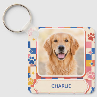 Personalised Pet Photo and Name Retro Keychain
