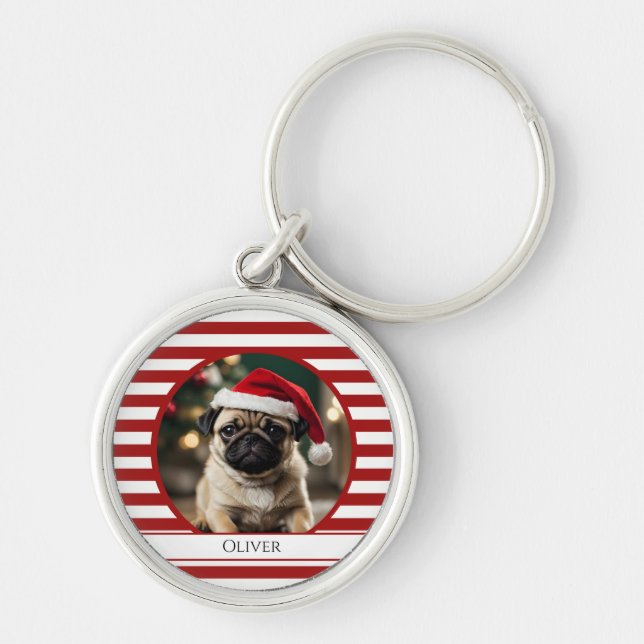 Personalised Pet Photo Candy Cane Red Stripes Key Ring (Front)