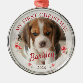 Personalised Pet Photo First Christmas 2026 Metal Ornament