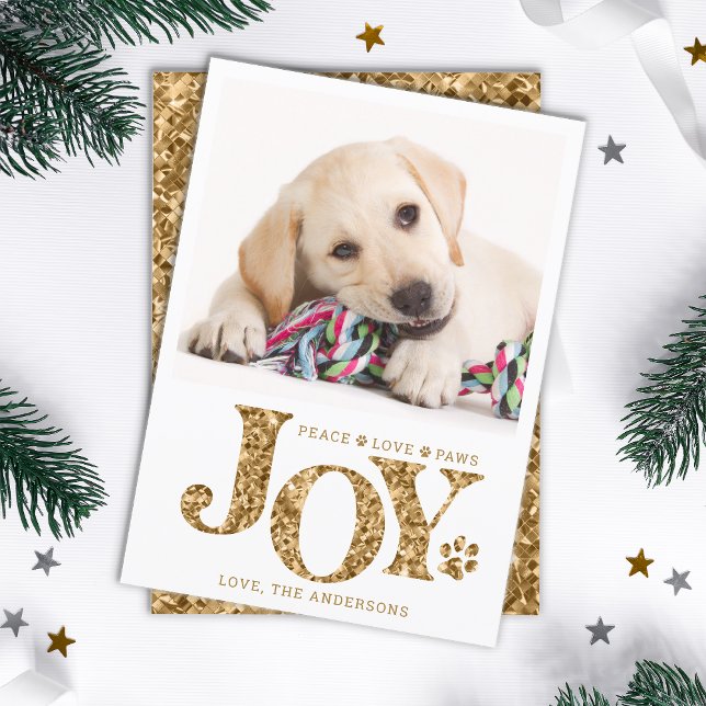 Personalised Pet Photo JOY Gold Paw Print Dog  Holiday Card (Creator Uploaded)