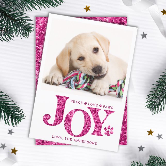 Personalised Pet Photo JOY Pink Paw Print Dog Holiday Card (Creator Uploaded)
