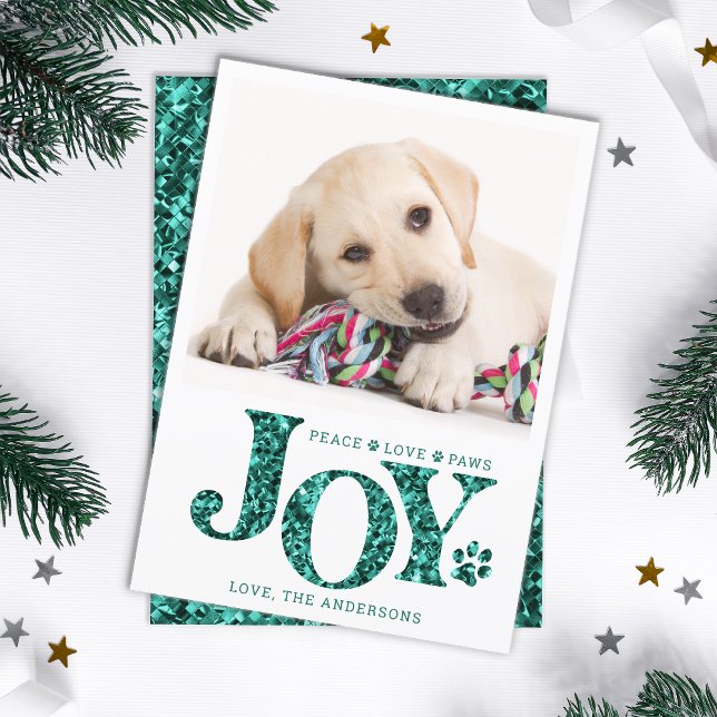 Personalised Pet Photo JOY Teal Paw Print Dog Holiday Card (Creator Uploaded)