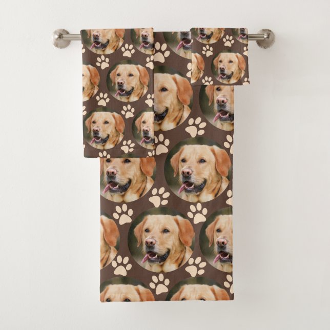 Personalised Pet Photo Pattern Dog Brown Bath Towel Set (Insitu)