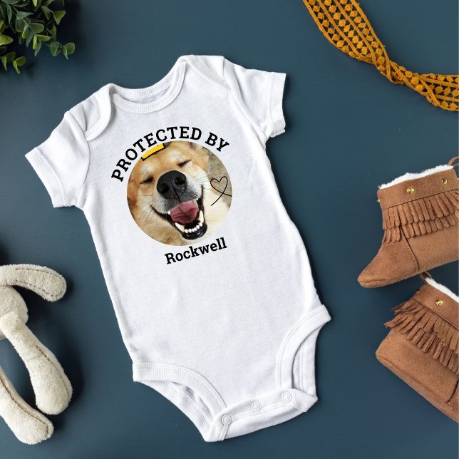 Personalised Pet Photo  Protected By Dog  Baby Bodysuit (Creator Uploaded)
