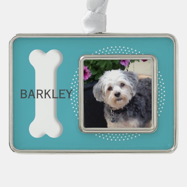 Personalised Pet Photo with Dog Bone Silver Plated Framed Ornament (Front)