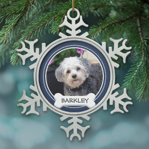 Personalised Pet Photo with Dog Bone Snowflake Pewter Christmas Ornament