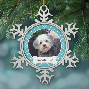 Personalised Pet Photo with Dog Bone Snowflake Pewter Christmas Ornament