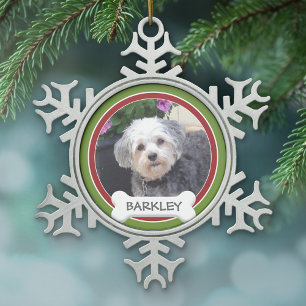 Personalised Pet Photo with Dog Bone Snowflake Pewter Christmas Ornament