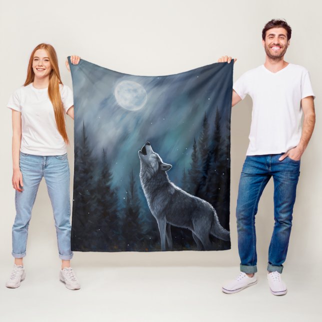 Personalised Pet Photo | Wolf Howling At The Moon Fleece Blanket (In Situ)