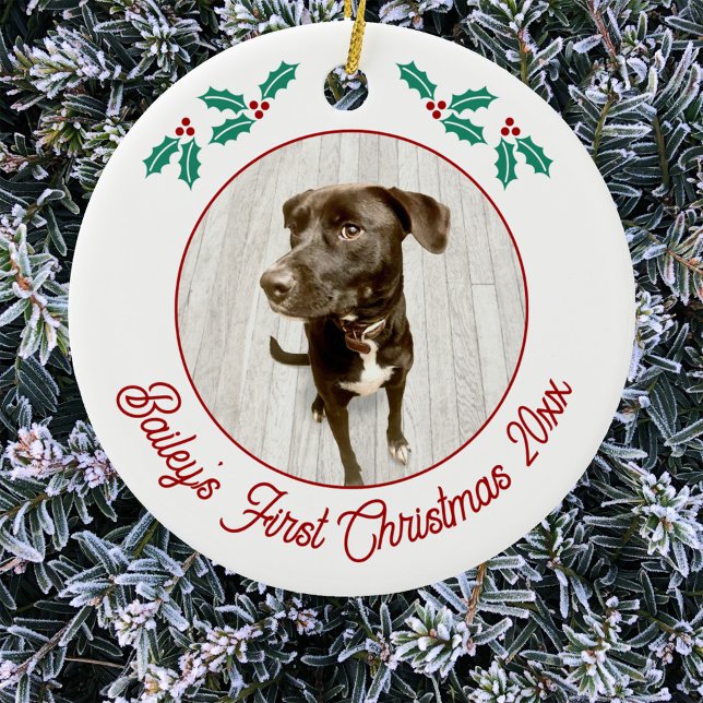 Personalised Pet Puppy Dog First Christmas Photo Ceramic Ornament (Pet dog puppy photo personalized first Christmas name and date ornament with custom text )